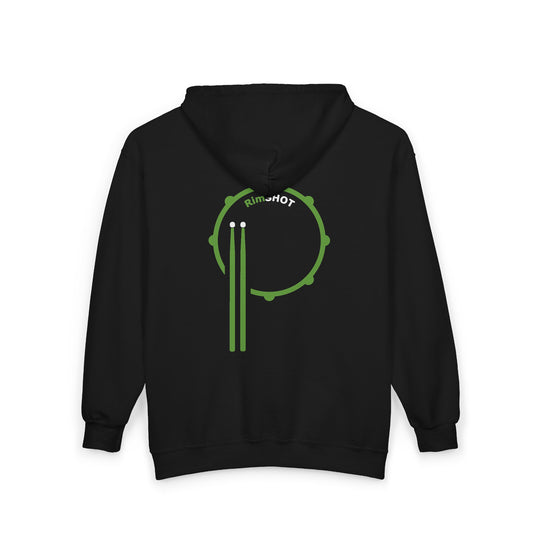 RimSHOT Logo Full-Zip Hoodie — Green Percussion Design