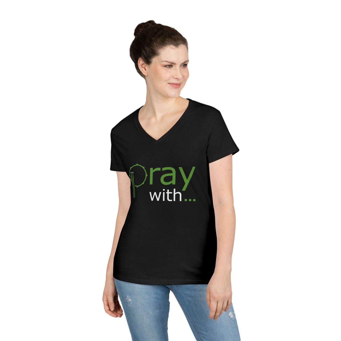 "Pray With..." Ladies' V-Neck T-Shirt (black)