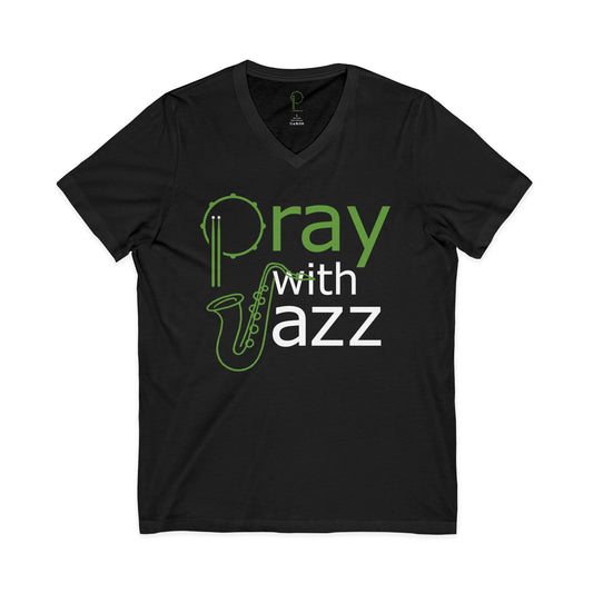 "Pray with jazz" V-Neck Unisex Short Sleeve Tee (black)